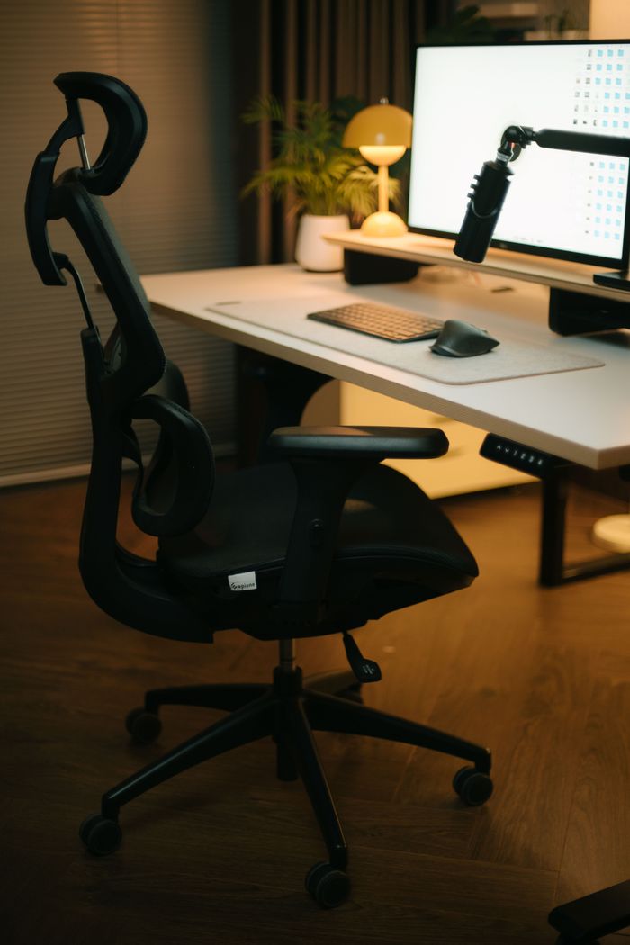 Stylish home office with ergonomic chair and modern desk setup for productivity.